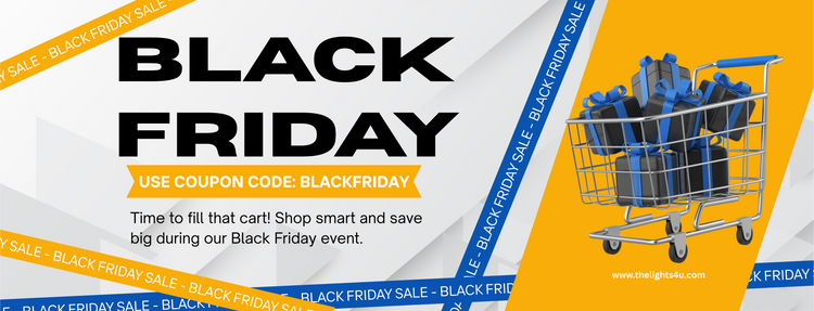 Black Friday sale advertisement with a shopping cart full of items and a coupon code.
