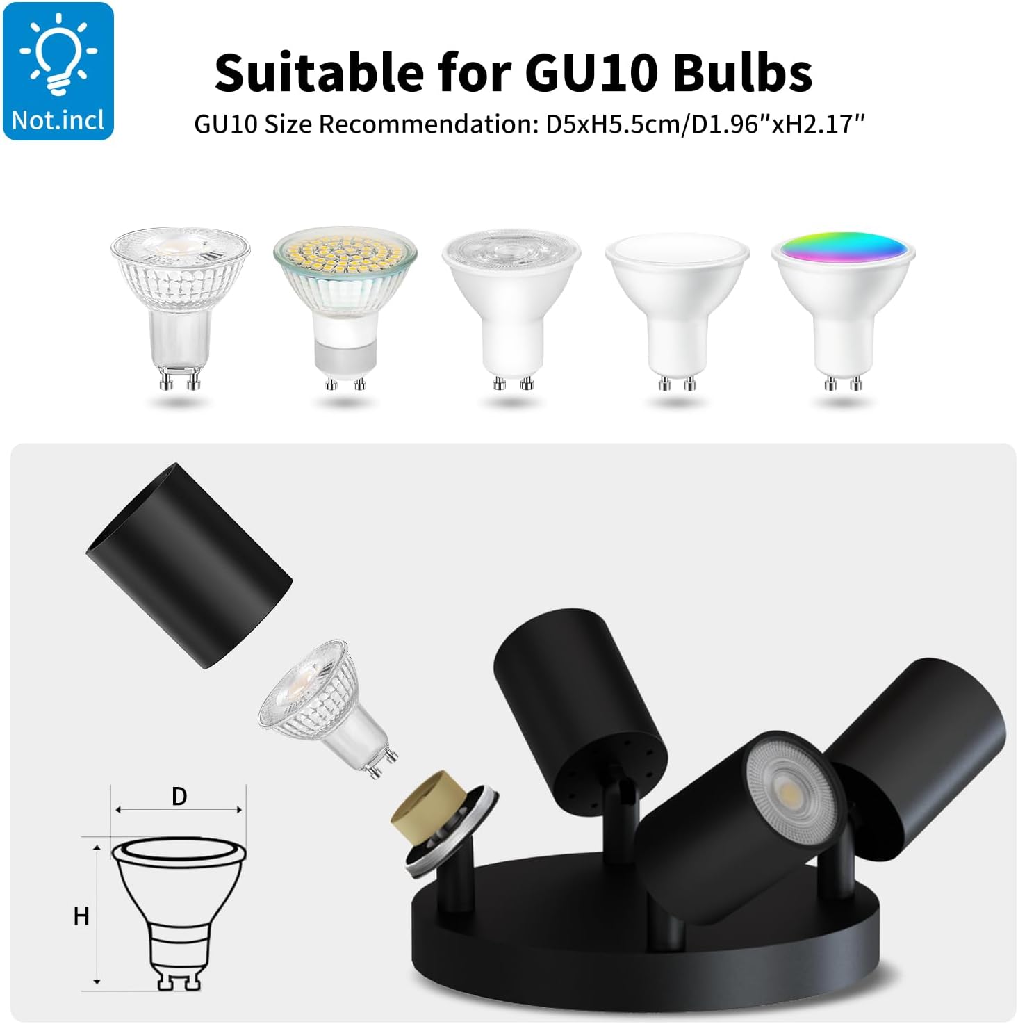Black GU10 bulb holder with compatibility information for GU10 bulbs on a white background.
