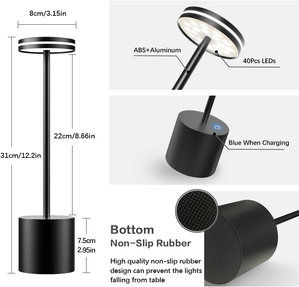 Black LED desk lamp with measurements and features on a white background
