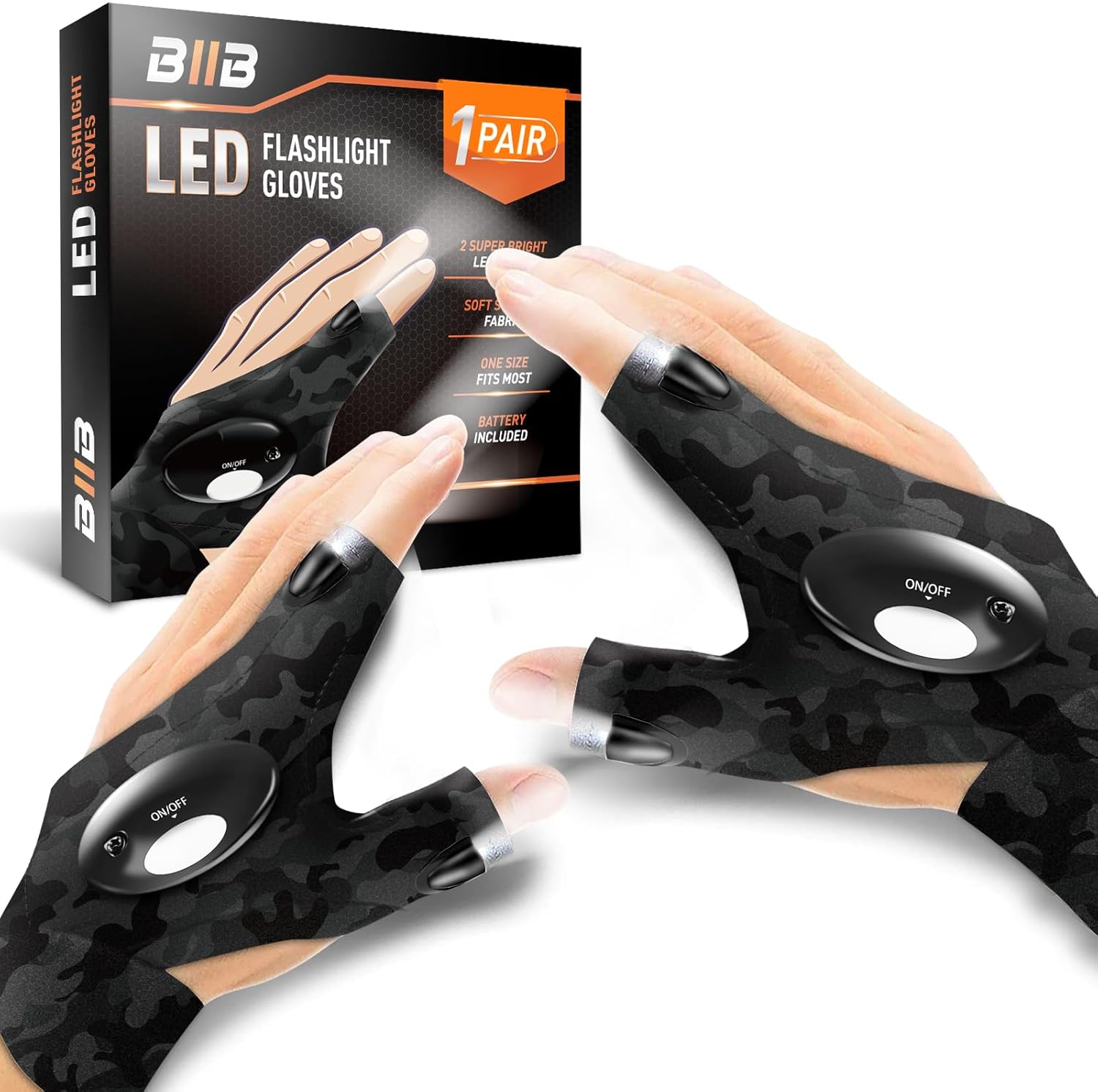 Black LED flashlight gloves with packaging on a white background