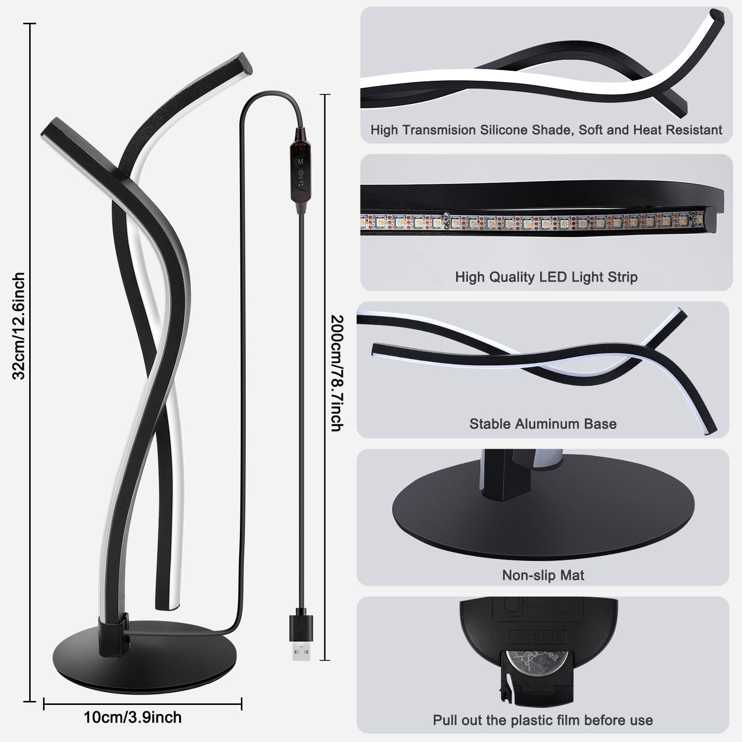Black LED floor lamp with specifications and features on a white background