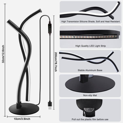 Black LED floor lamp with specifications and features on a white background