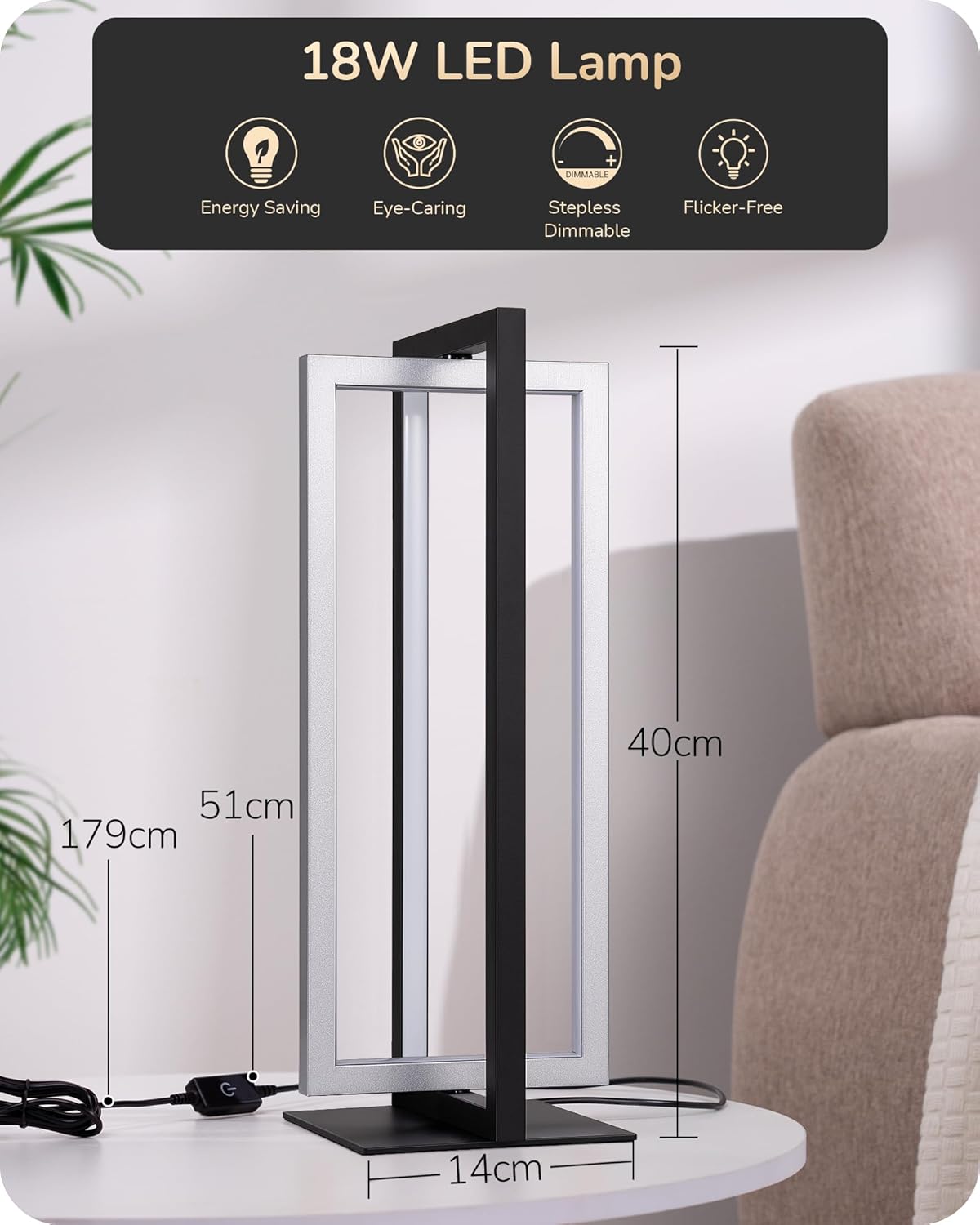 Black LED lamp with dimensions and features on a white surface