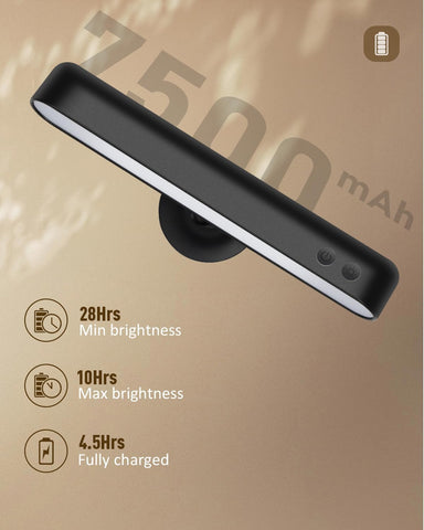 Black LED light bar with charging information on a beige background