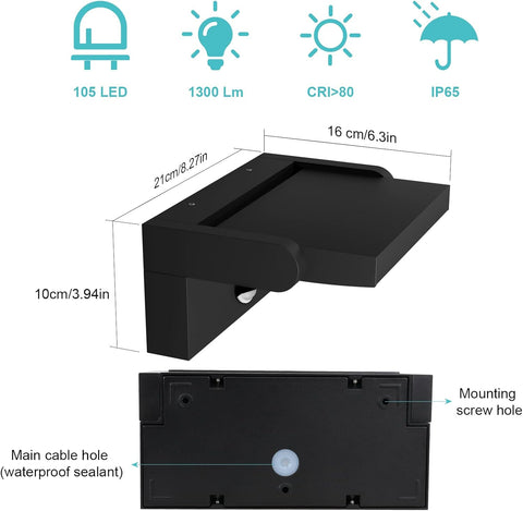 Black LED light fixture with specifications and dimensions