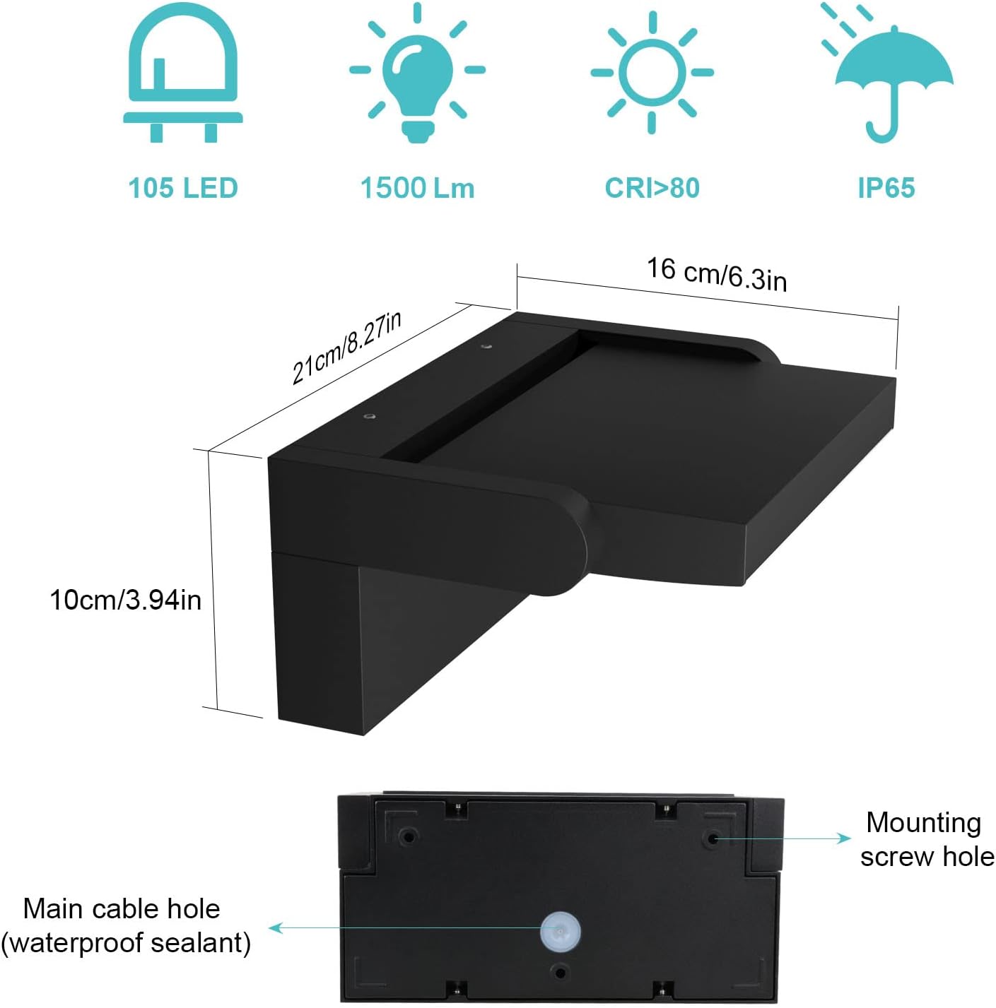 Black LED light fixture with specifications and dimensions on a white background