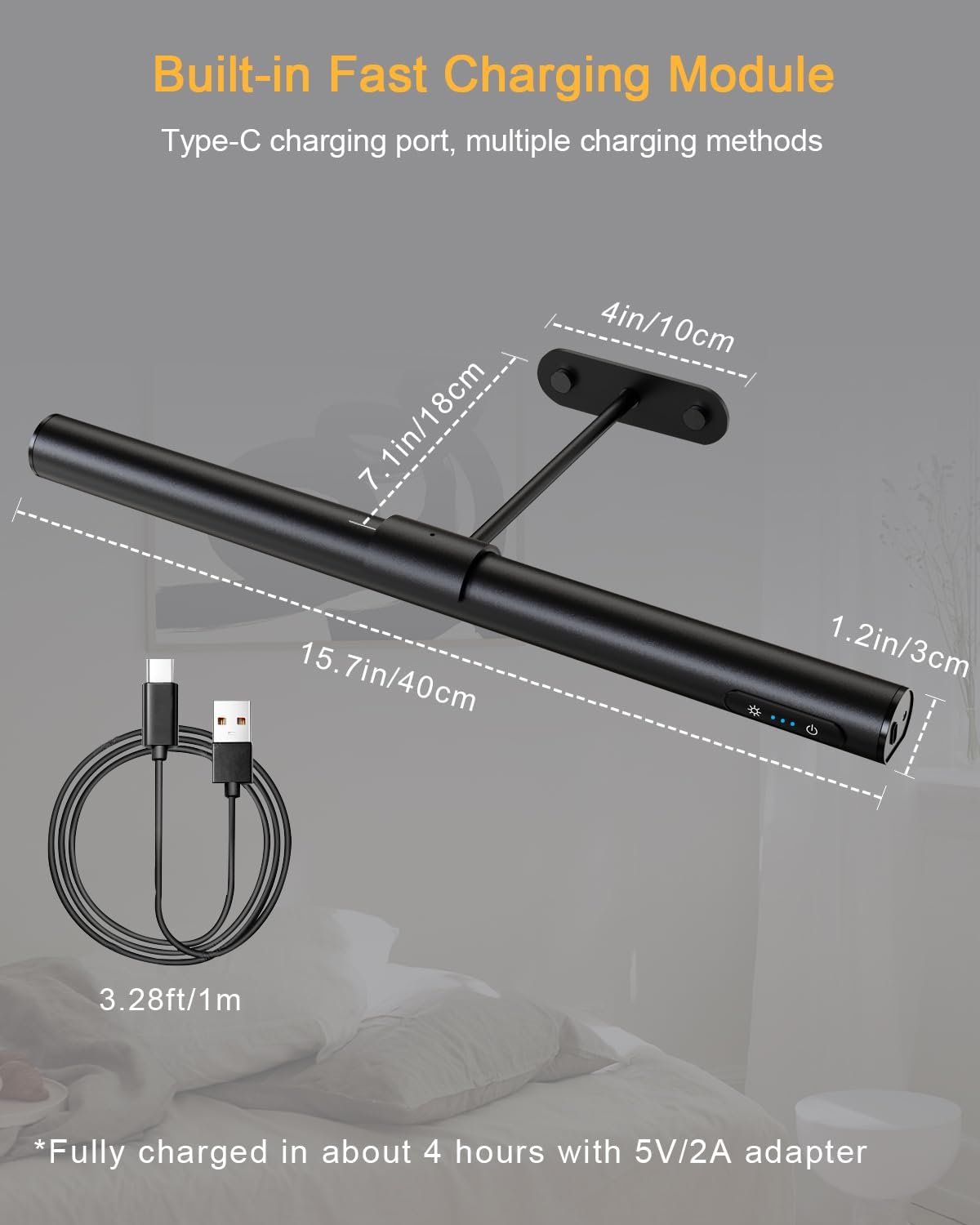 Black LED strip light with charging cable and adapter, showing dimensions and charging information.