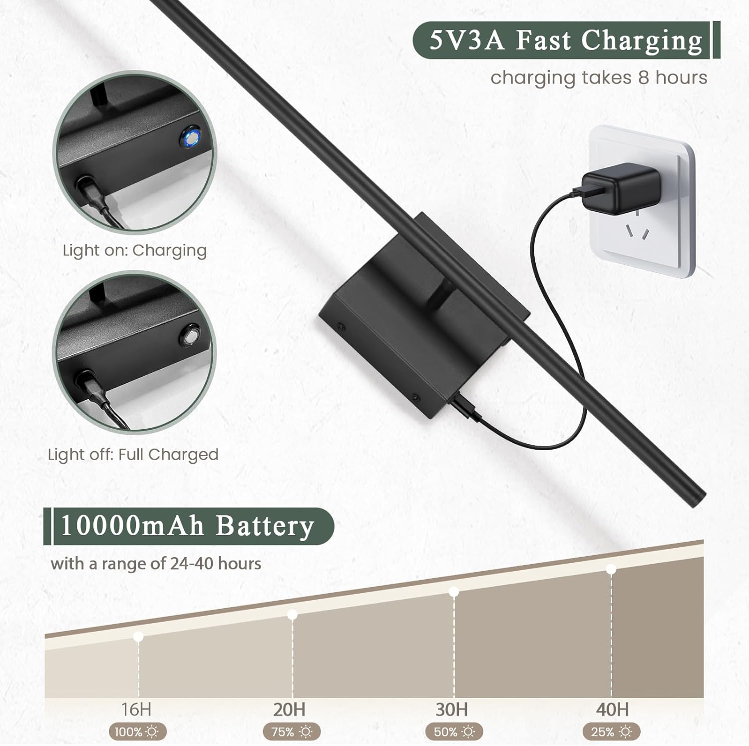 Black LED strip light with charging cable and power adapter on a white background