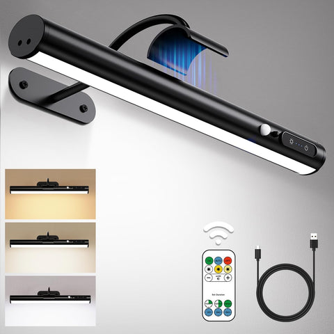 Black LED wall light with remote control and cable on a gray background