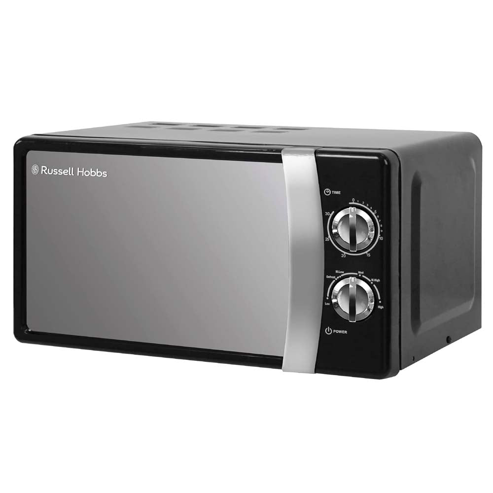 Black Russell Hobbs microwave oven on a white background
