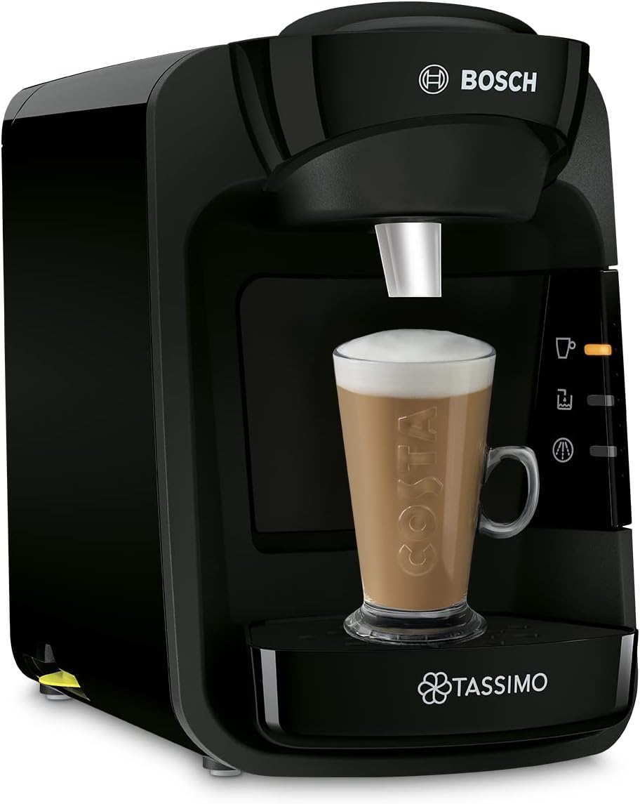 Black Tassimo coffee machine with a cup of coffee displayed on a white background