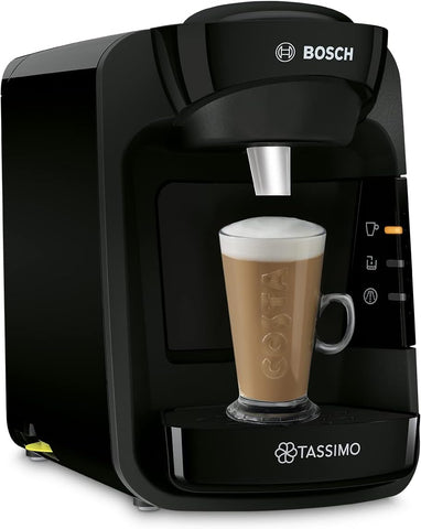 Black Tassimo coffee machine with a cup of coffee displayed on a white background