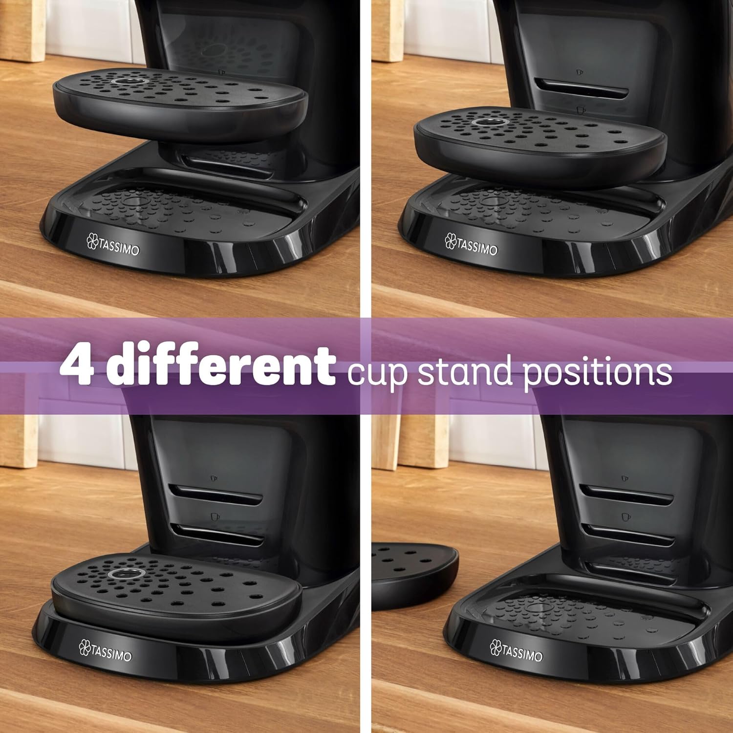 Black Tassimo coffee machine with adjustable cup stand on a wooden surface, showing four different positions.