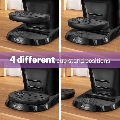 Black Tassimo coffee machine with adjustable cup stand on a wooden surface, showing four different positions.