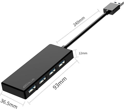 Black USB hub with measurements on a white background