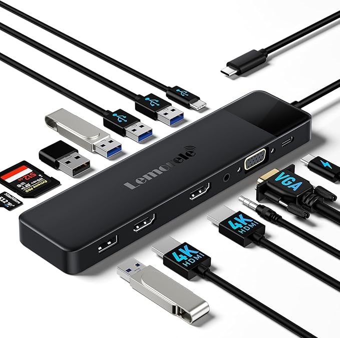 Black USB hub with various cables and connectors on a white background