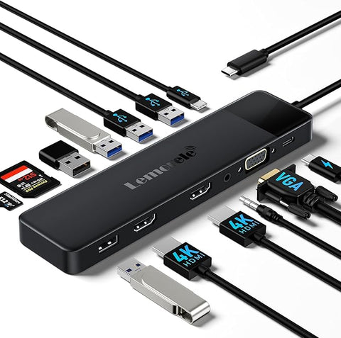 Black USB hub with various cables and connectors on a white background