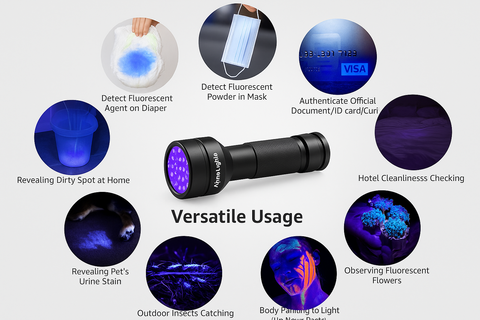 Black UV light device with various usage scenarios on a white background