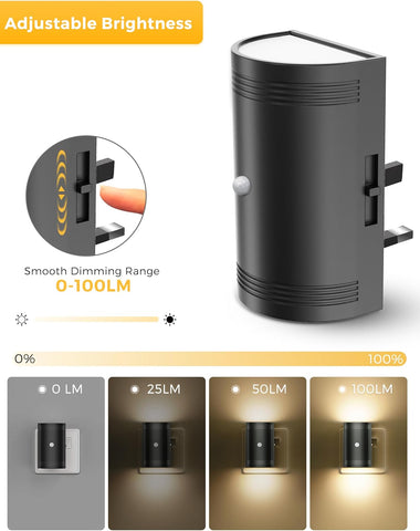 Black adjustable brightness light fixture with dimming range indicator on a white background