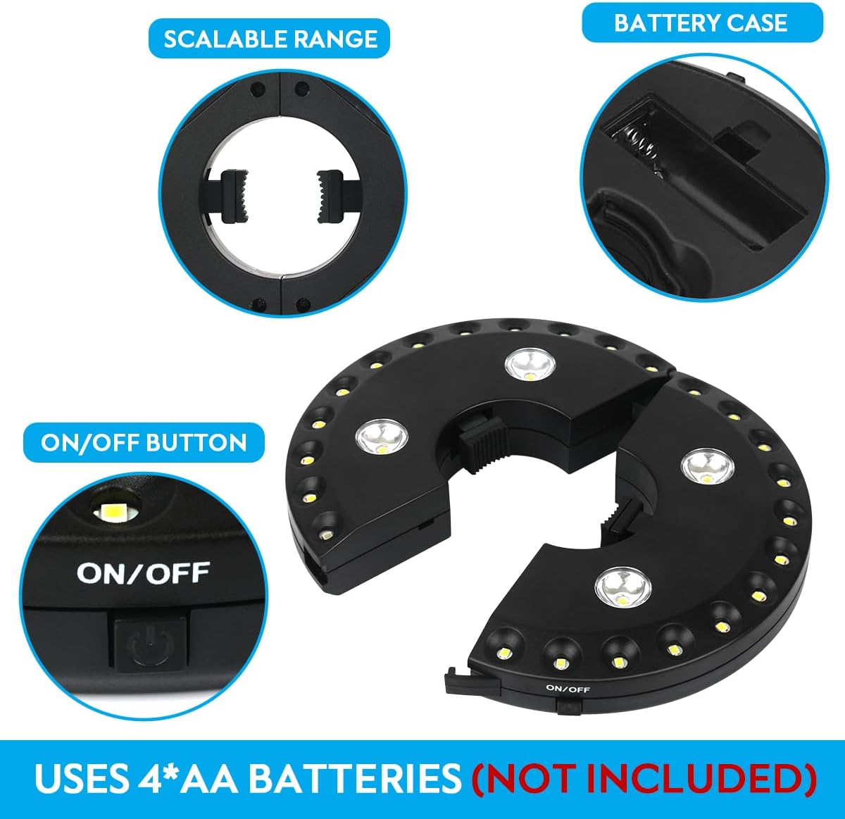 Black adjustable light fixture with on/off button and battery case on a white background
