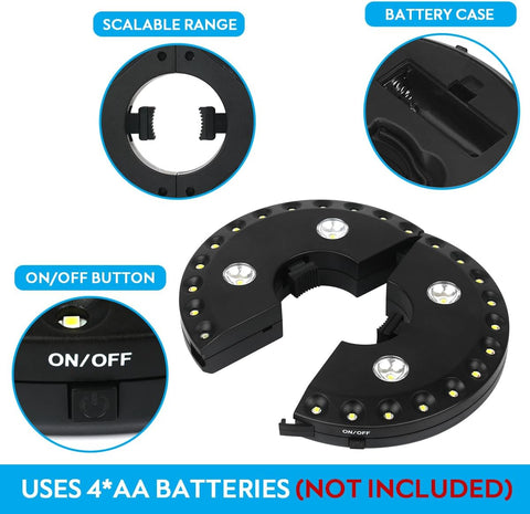 Black adjustable light fixture with on/off button and battery case on a white background