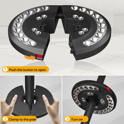 Black adjustable light stand with step-by-step instructions on a gray background