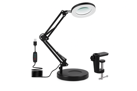 Black adjustable magnifying lamp with clamp on a white background