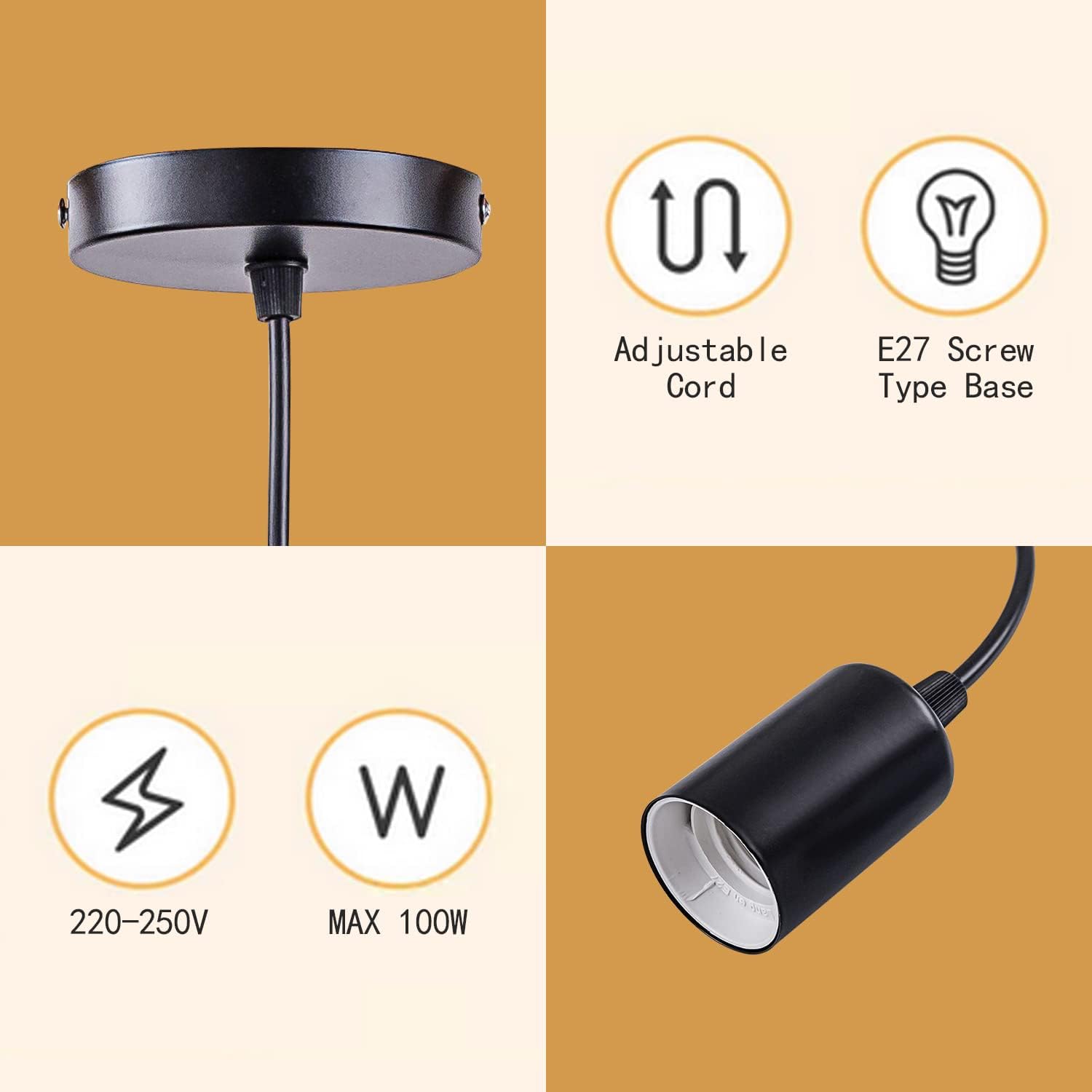 Black adjustable pendant light with features highlighted on a beige background