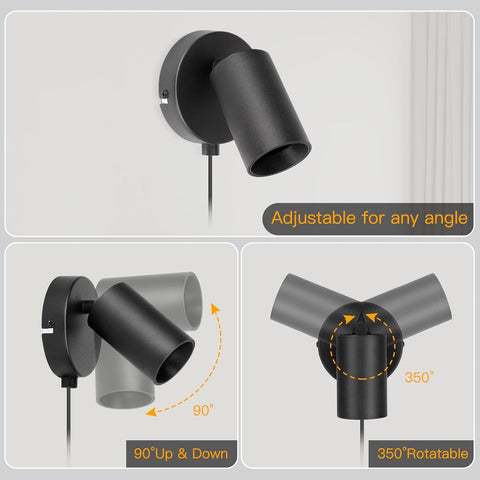 Black adjustable wall light fixture with features highlighted on a gray background