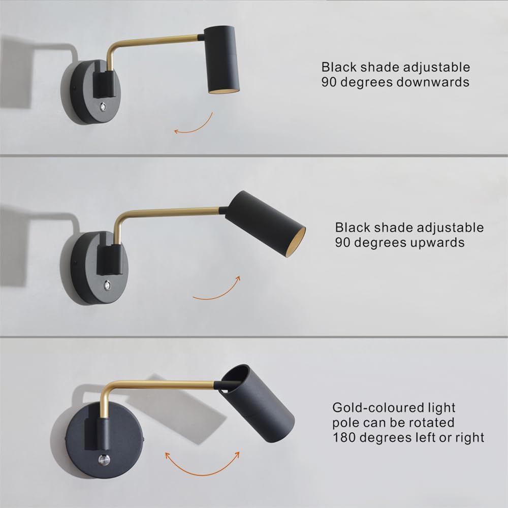 Black adjustable wall sconces with gold light poles on a white background