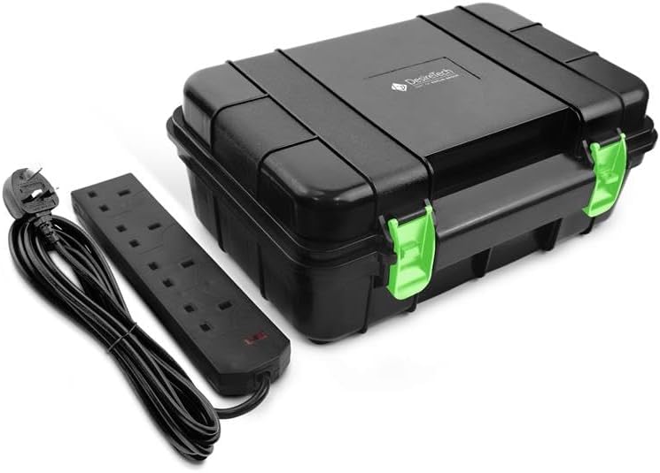 Black and green power strip with surge protector on a white background