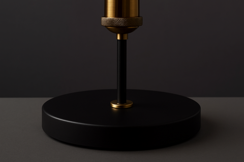 Black and gold lamp base on a dark background