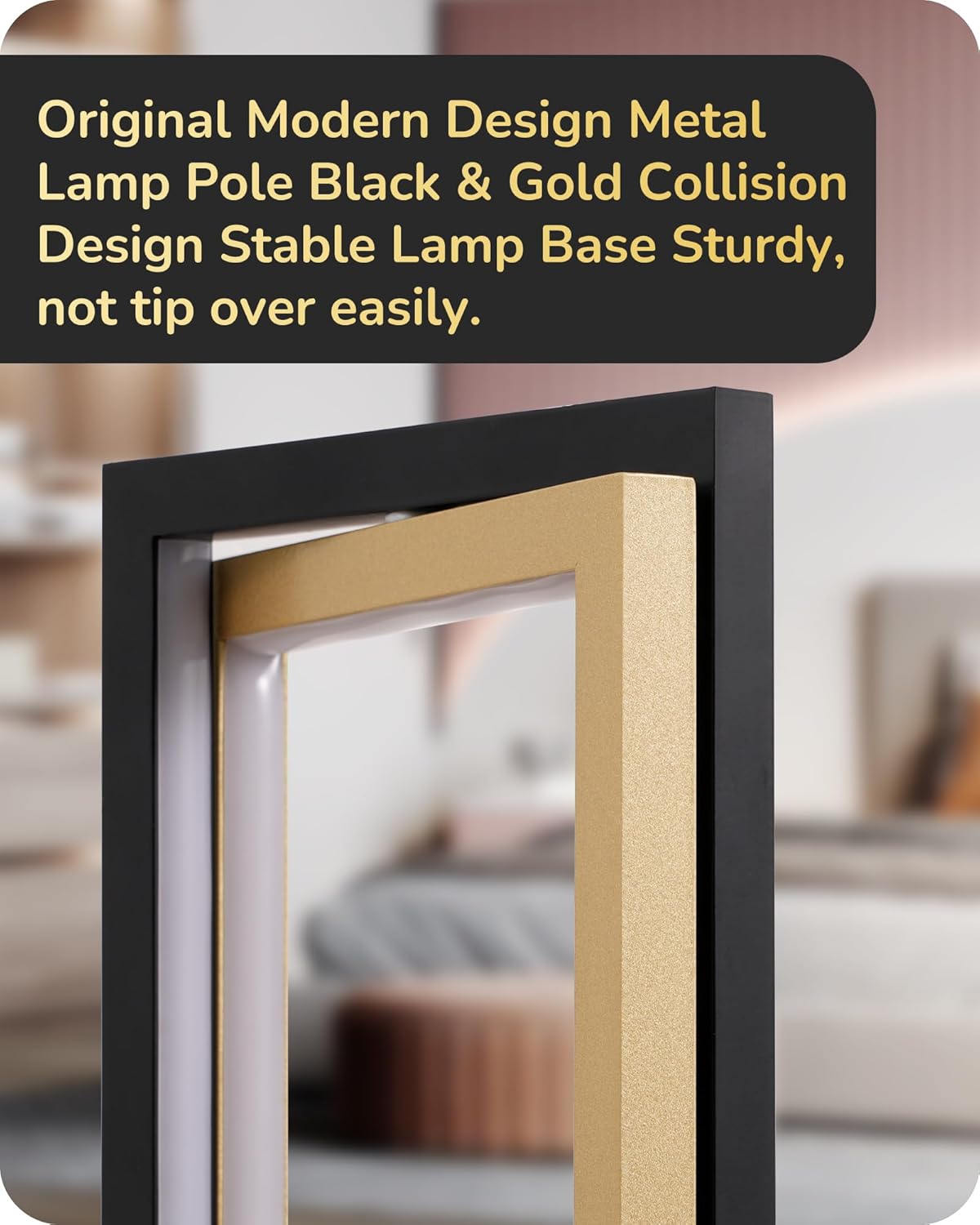 Black and gold lamp base with text describing its design and stability.