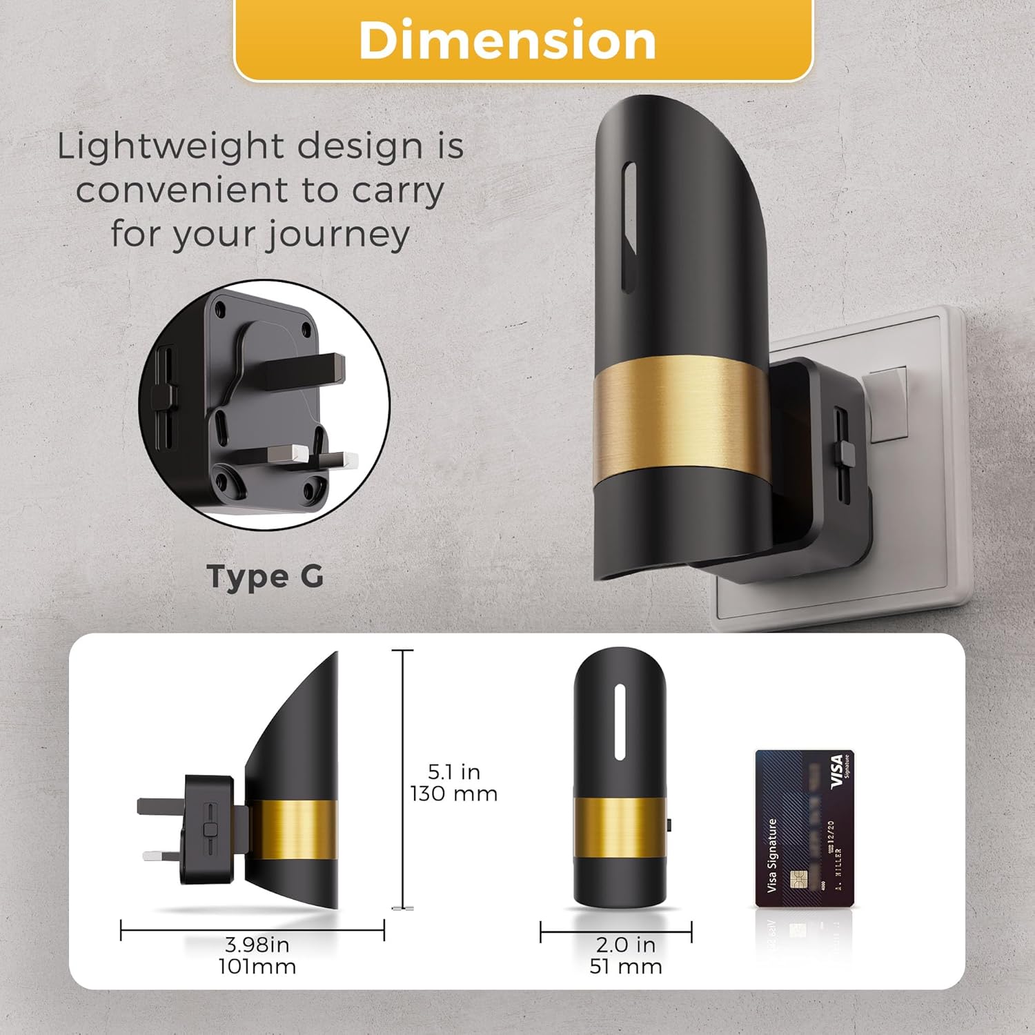 Black and gold travel adapter with dimensions and carrying convenience text on a gray background
