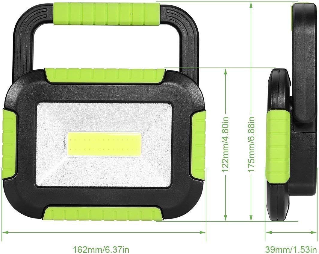 Black and green LED work light with dimensions displayed