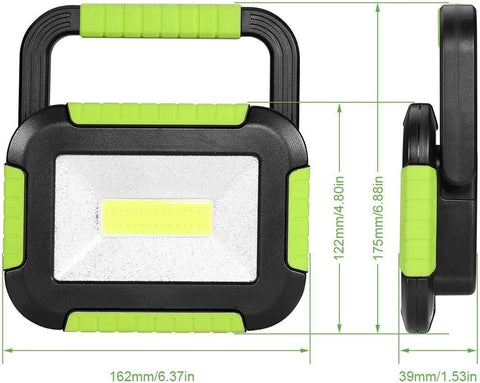 Black and green LED work light with dimensions displayed