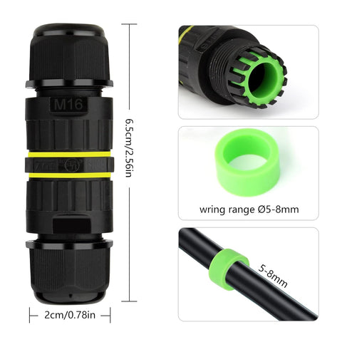 Black and green hose connector with measurements and details on a white background