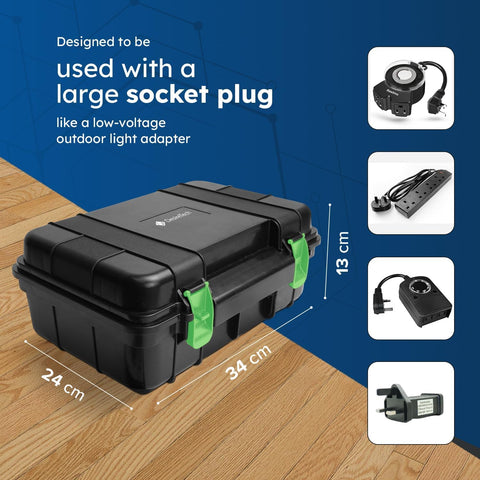 Black and green toolbox with measurements on a wooden surface and blue background
