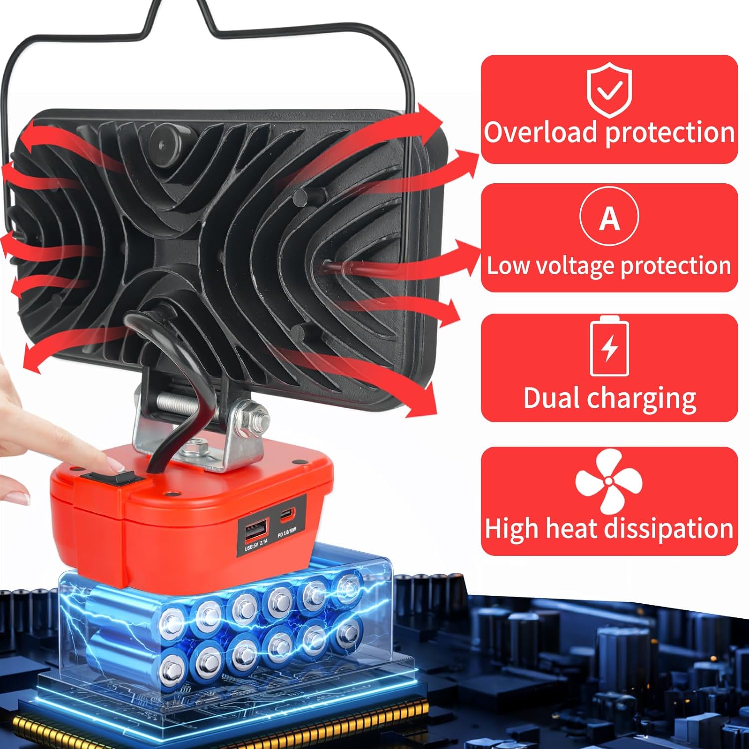 Black and red electronic device with features highlighted on a motherboard background