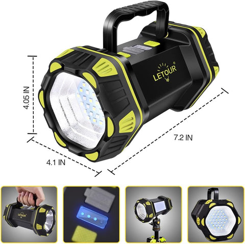 Black and yellow portable light with dimensions and usage examples on a white background
