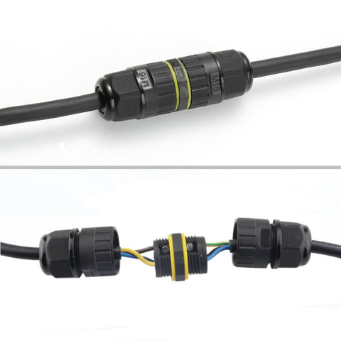 Black cable connectors with yellow accents on a white background