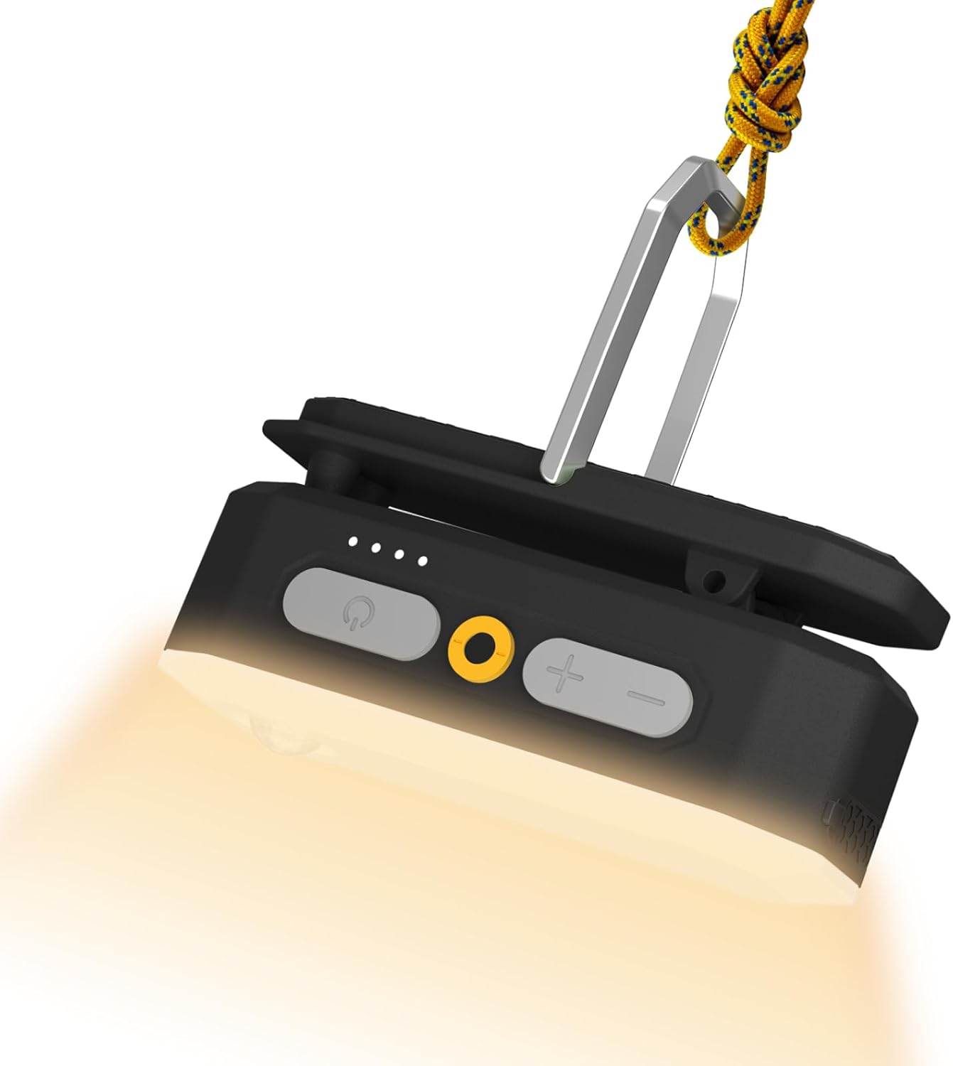 Black camping lantern with rope and carabiner on a white background