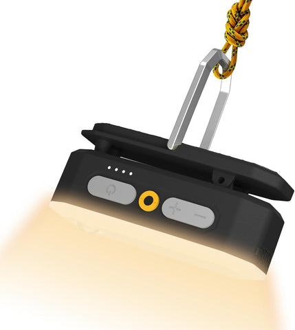 Black camping lantern with rope and carabiner on a white background