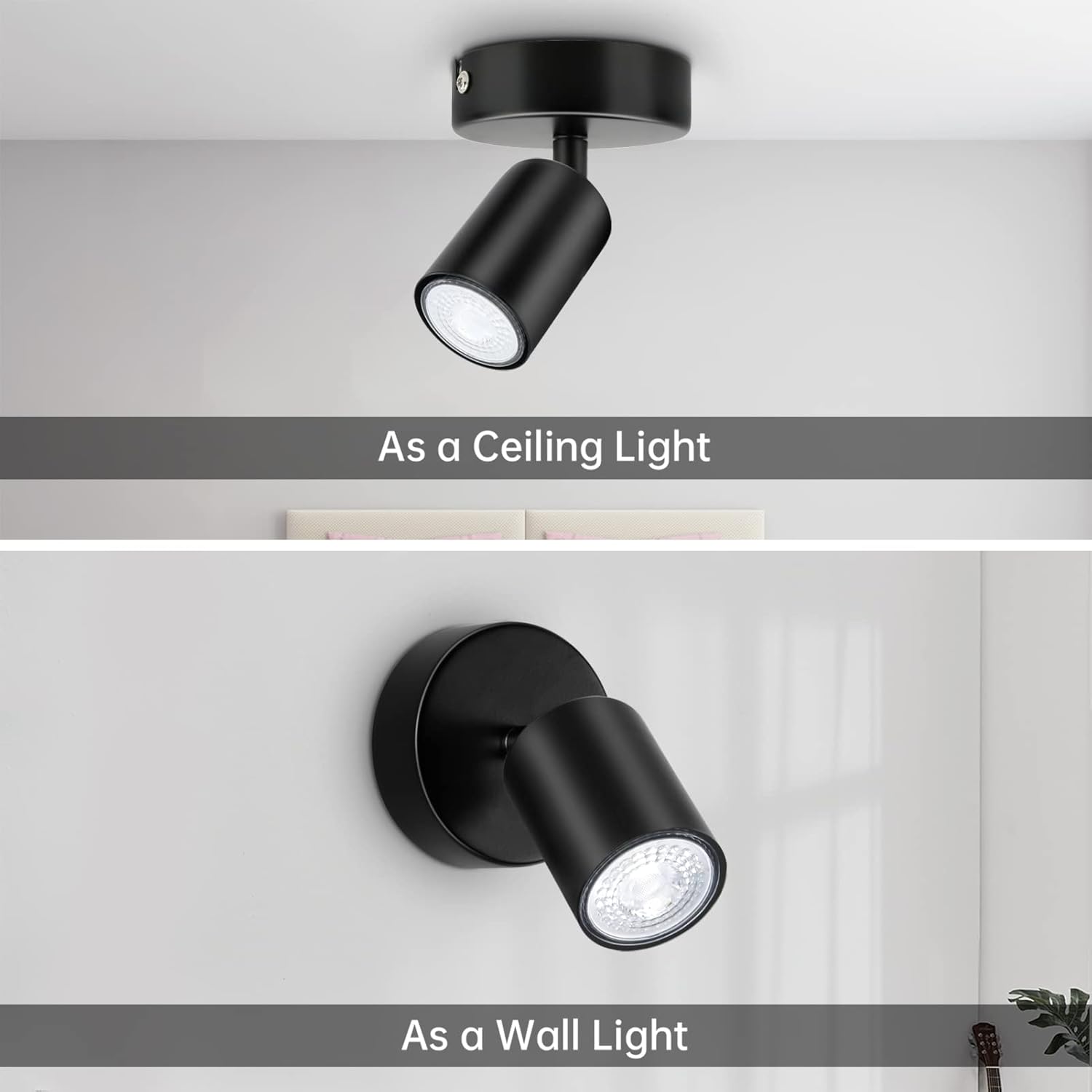 Black ceiling and wall light fixtures on a neutral background