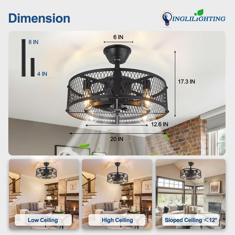 Black ceiling fan with dimensions and installation guidance on a white background