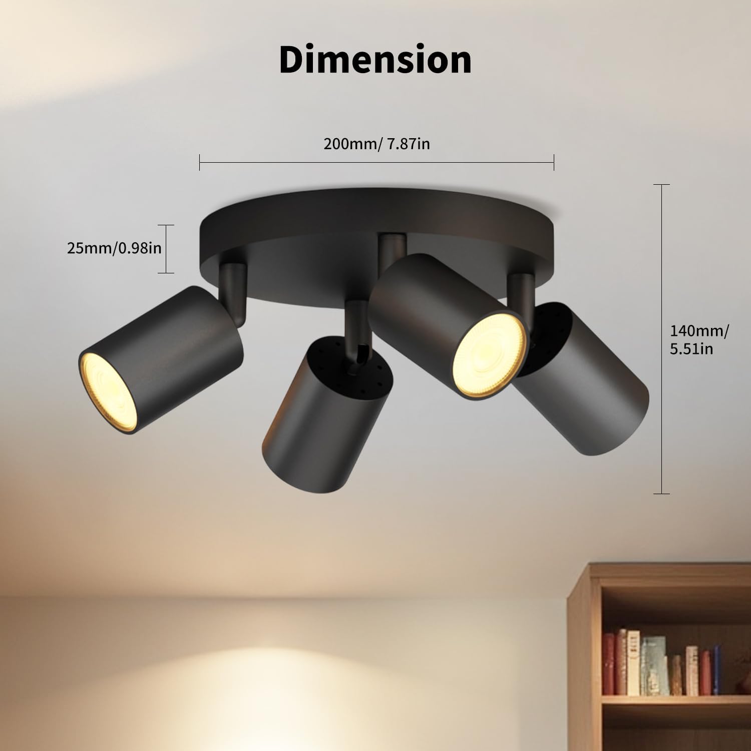 Black ceiling light fixture with dimensions indicated on a neutral background