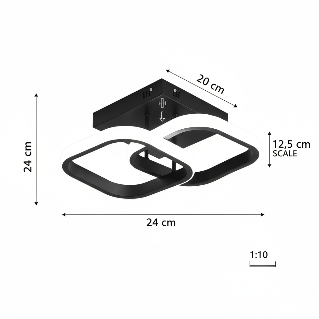 Black ceiling light fixture with dimensions on a white background