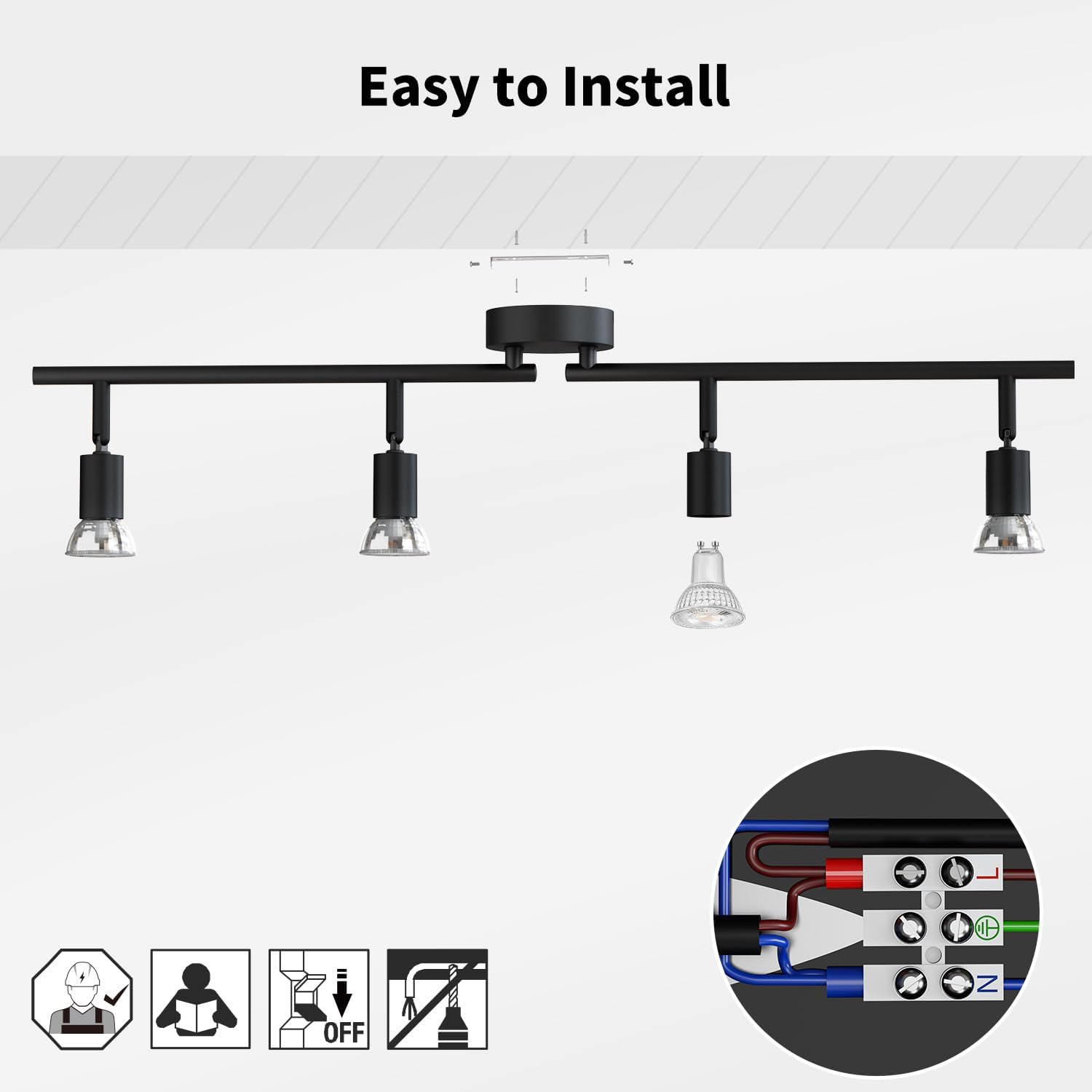 Black ceiling light fixture with four bulbs on a white background, labeled 'Easy to Install'.