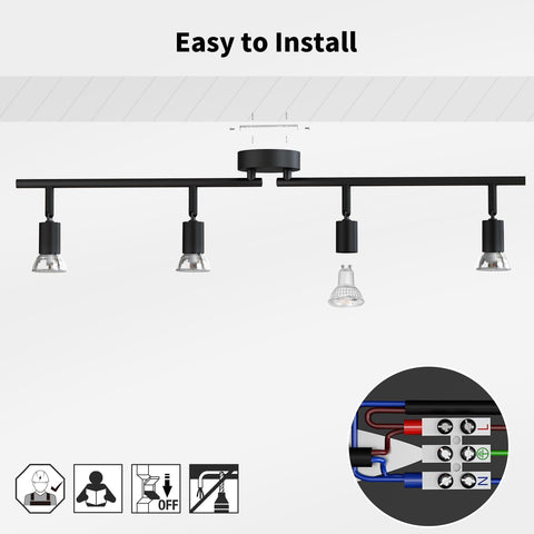 Black ceiling light fixture with four bulbs on a white background, labeled 'Easy to Install'.