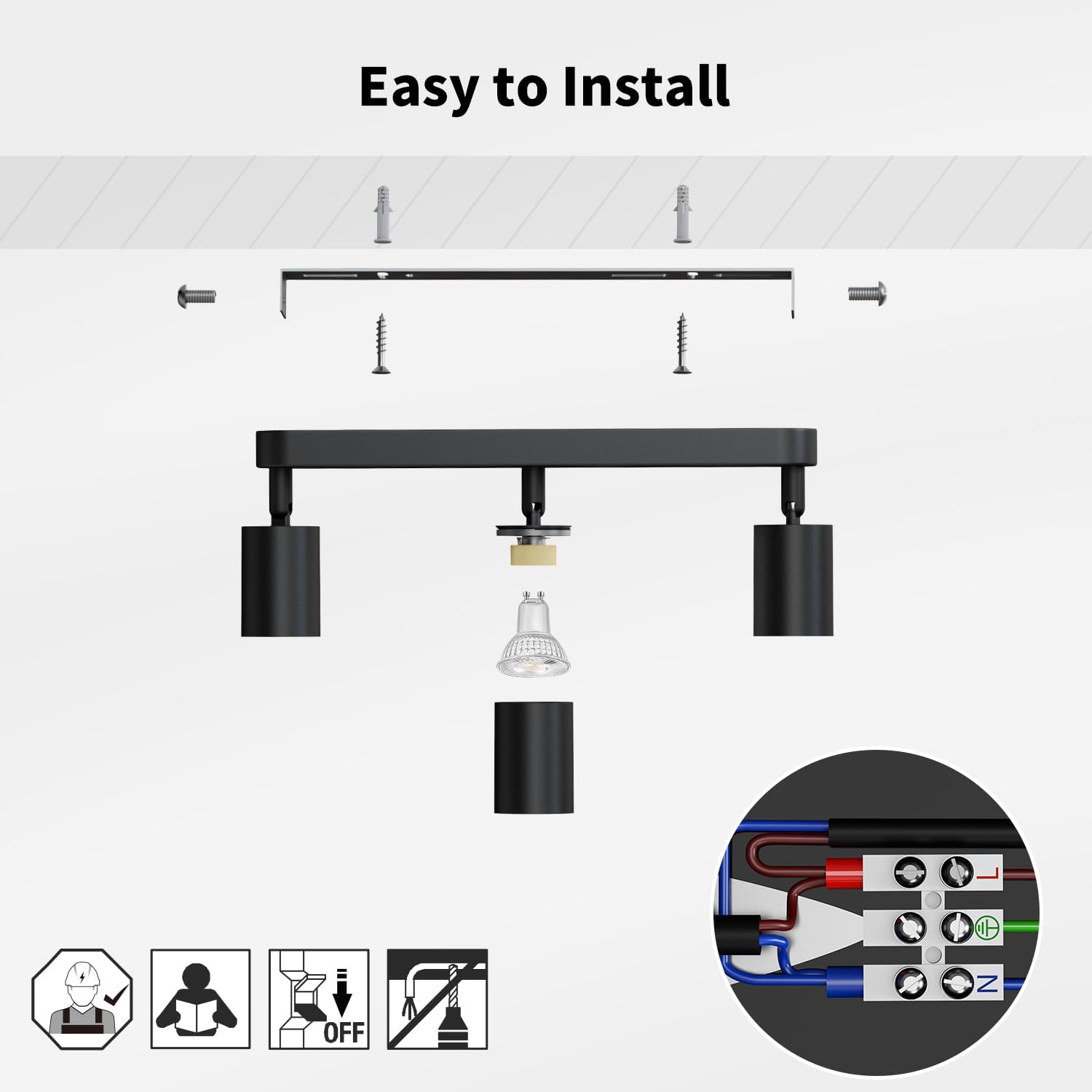Black ceiling light fixture with installation components on a white background